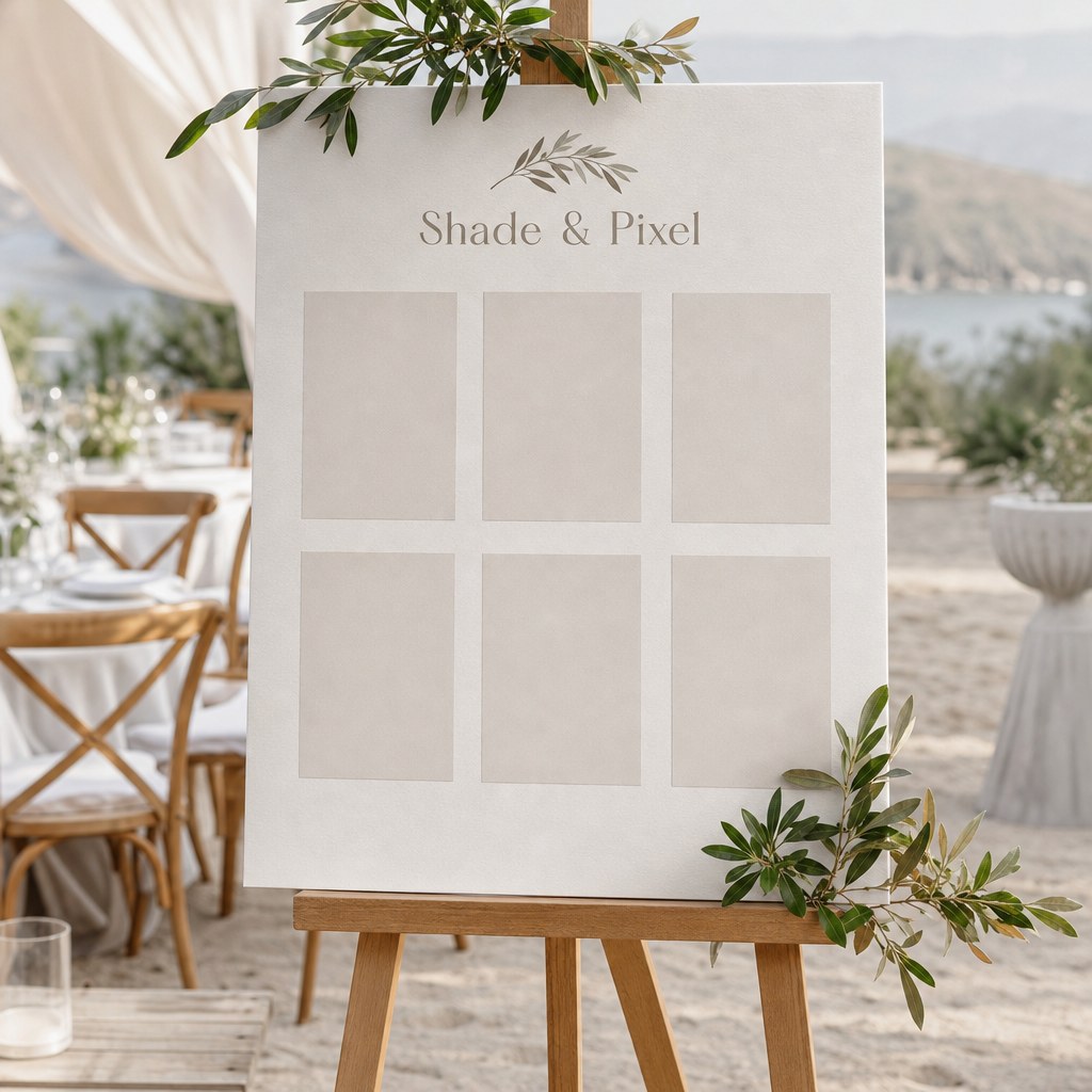 Seating chart foam board on an easel at a beach wedding (illustration)