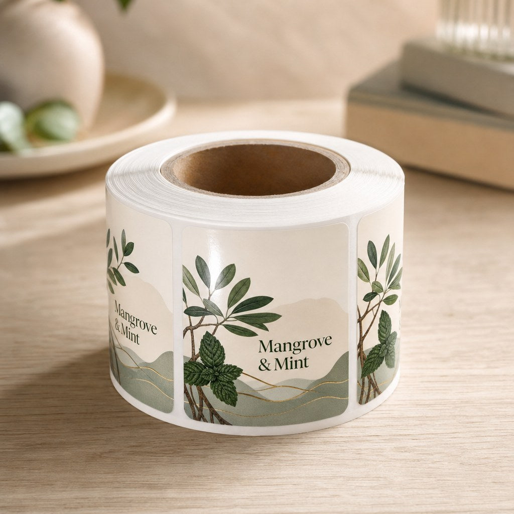 Roll of glossy product labels on a cardboard core (illustration)