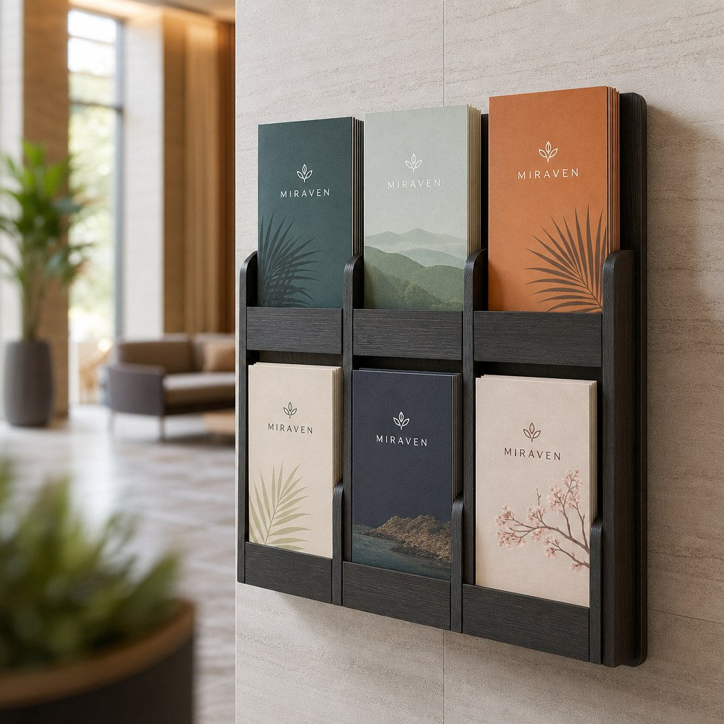 Wall-mounted rack of colourful rack cards in a hotel lobby (illustration)