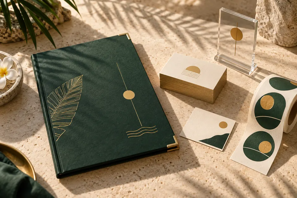 Illustrative collection of green menus, textured business cards, labels and an acrylic table display