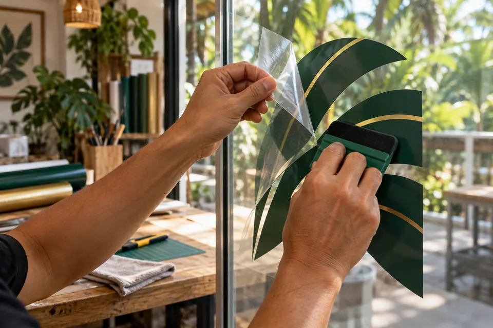 Illustrative detail of vinyl lettering being carefully applied to glass