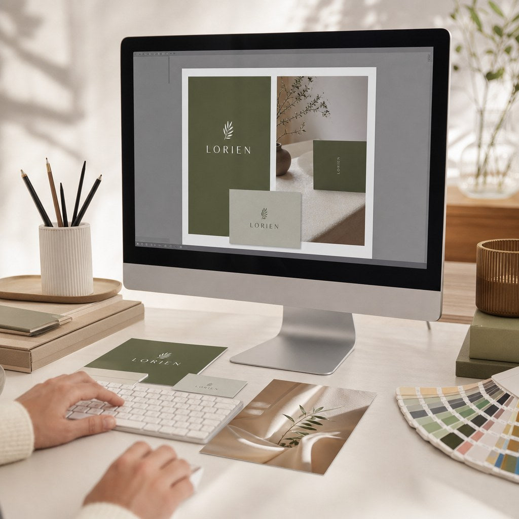 Designer's desk with a print layout on screen, printed proofs and colour swatches (illustration)