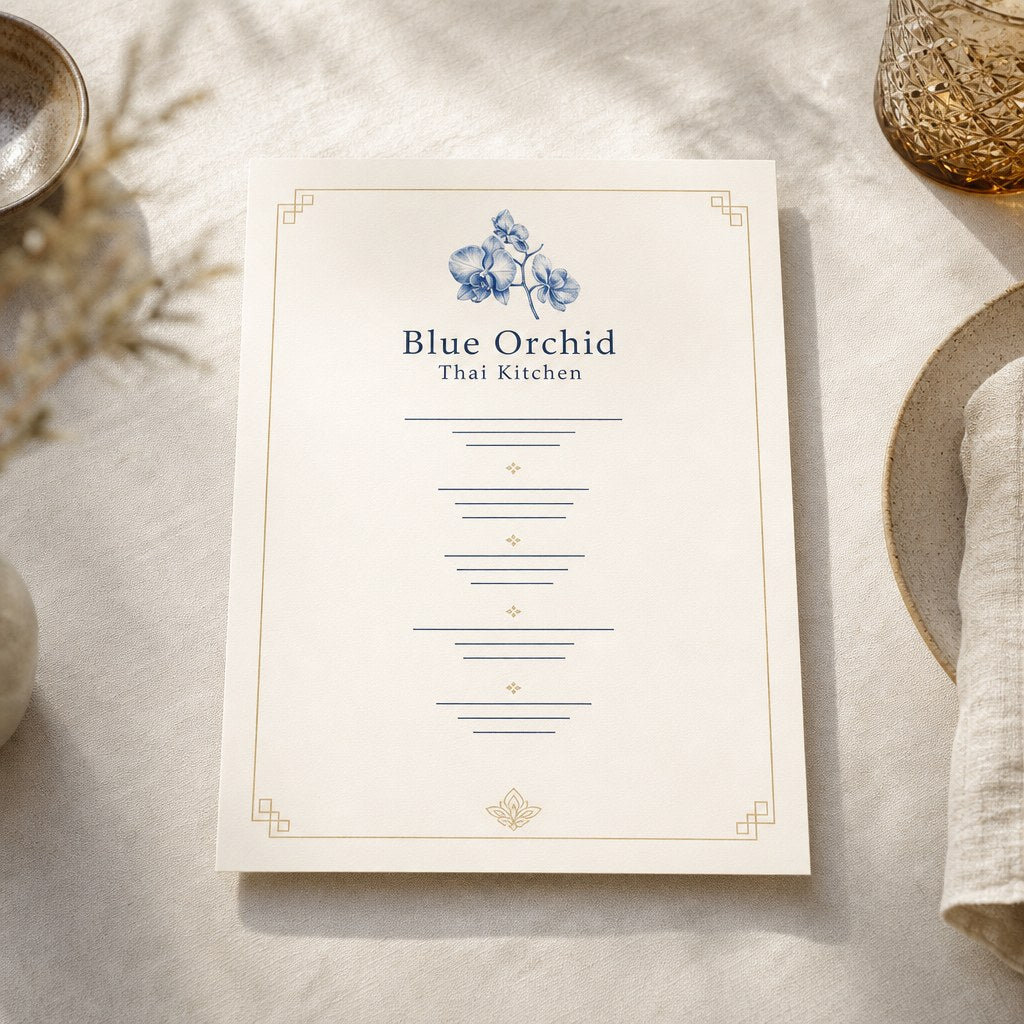 Flat A4 restaurant menu on thick card with a clean typographic layout (illustration)
