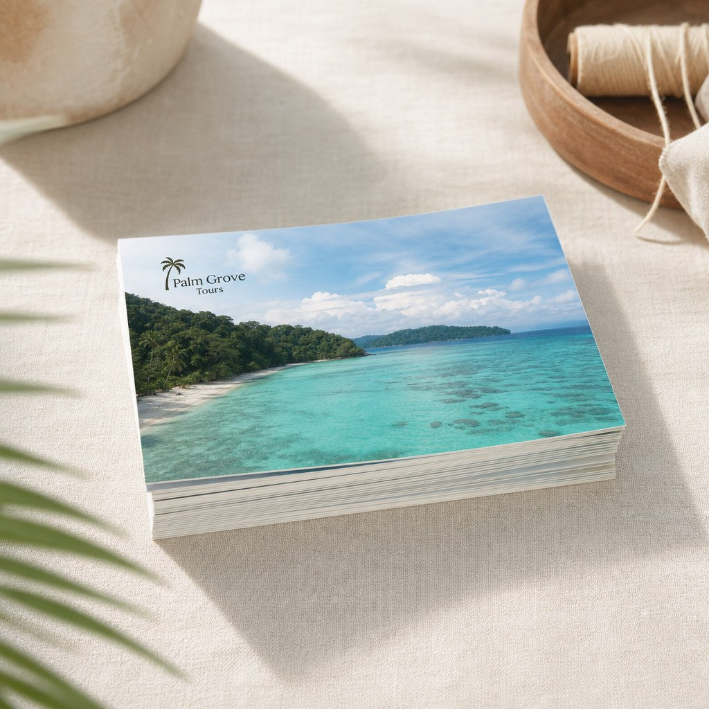 Stack of glossy postcards with a vivid sea landscape (illustration)