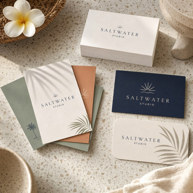 Printed business cards in white, navy and sage with rounded corners on a terrazzo table