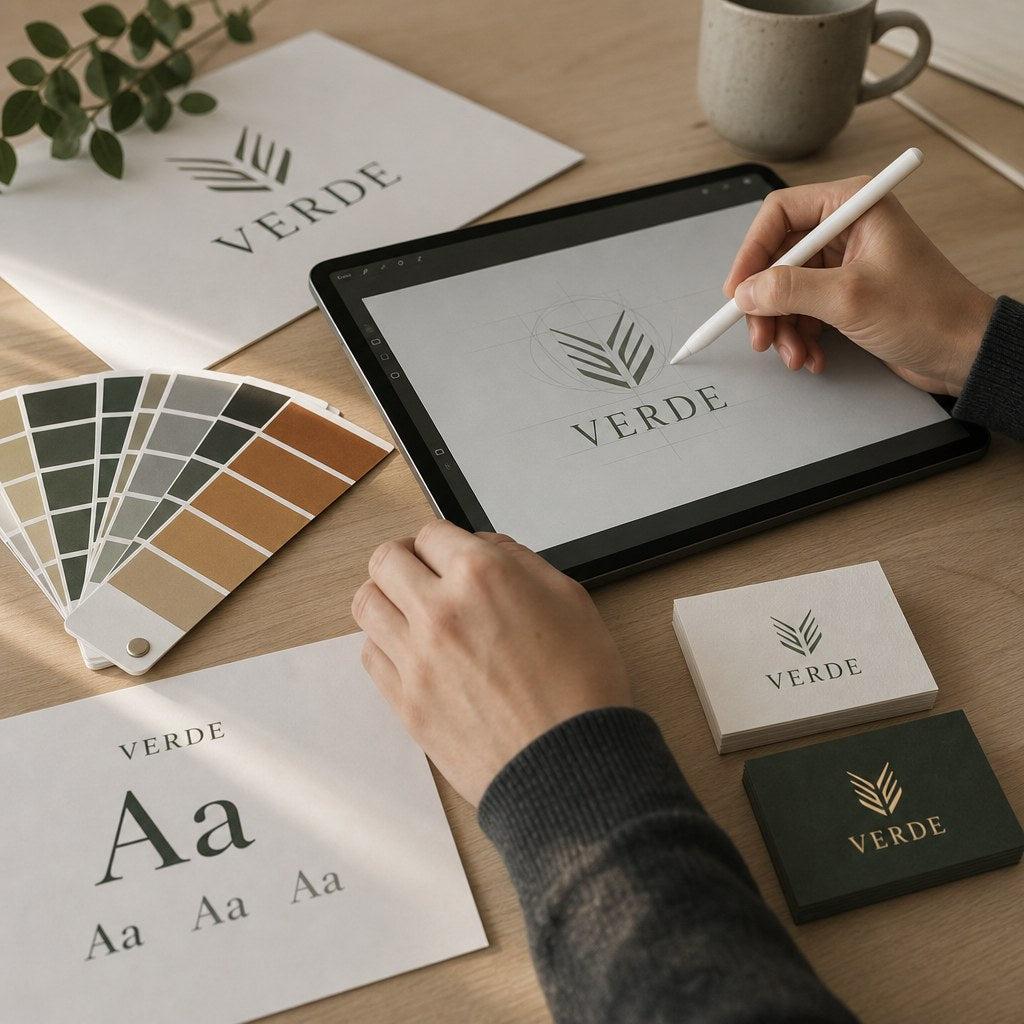 A designer sketching a logo on a tablet with colour swatches and printed business cards