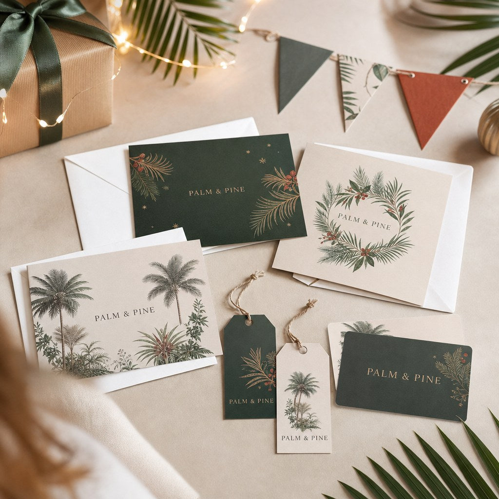 Holiday greeting cards, gift tags, vouchers and a small party banner with tropical decor