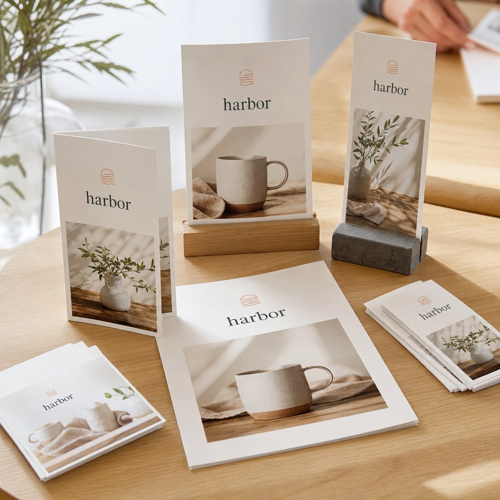 Flyers, brochure, postcards, rack card and table tent for a small business