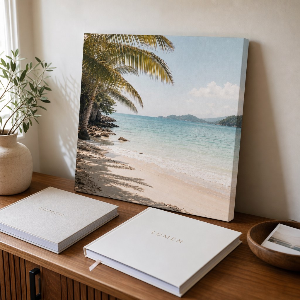 A beach canvas print, a photo book and a guest book on a sideboard