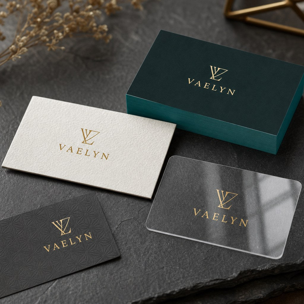 Premium business cards with gold foil, painted edge, clear plastic and textured paper