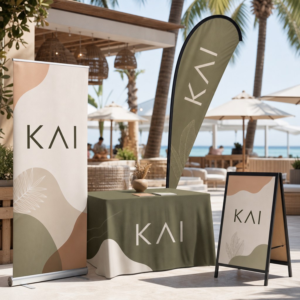Roll-up banner, feather flag, table cover and A-frame sign at a beach-club event