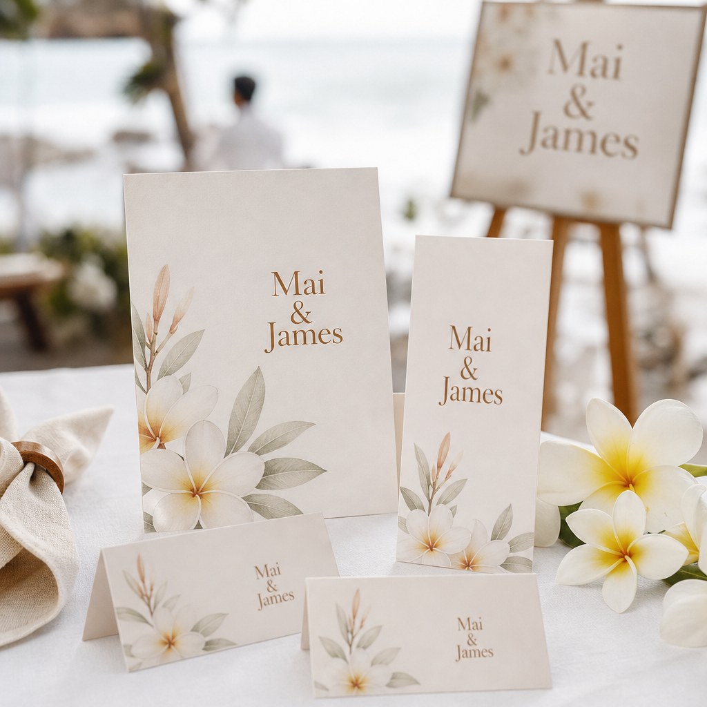 Wedding stationery suite with invitation, place cards, menu and welcome sign