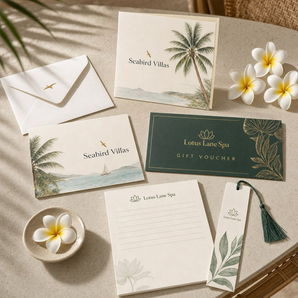 Greeting cards, envelope, gift voucher, notepad and bookmark with frangipani flowers