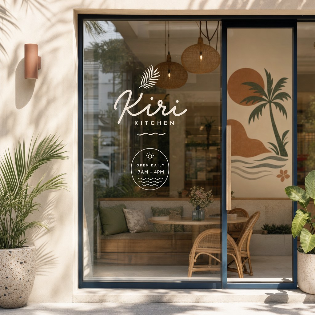 Café shop window with a printed logo decal and a palm wall decal