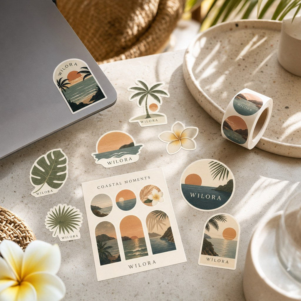 Custom die-cut stickers, a sticker sheet and a roll of round labels