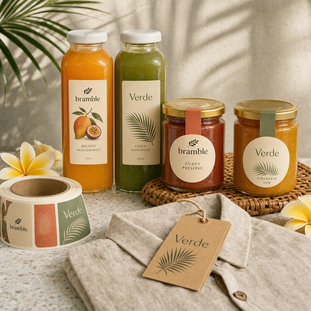 Juice bottles and jam jars with printed product labels, a label roll and a kraft hang tag