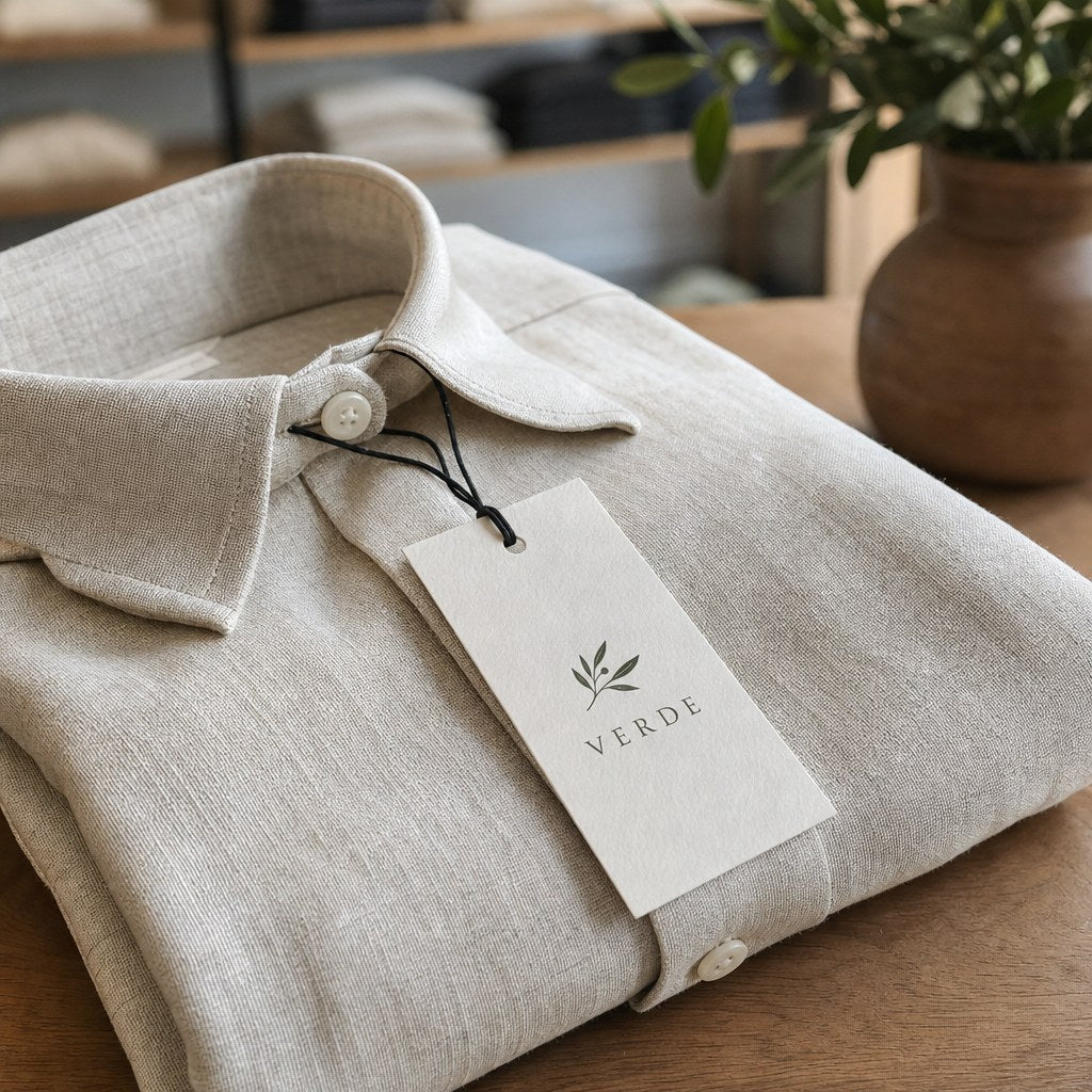 Hang tag tied to a folded linen shirt in a boutique (illustration)