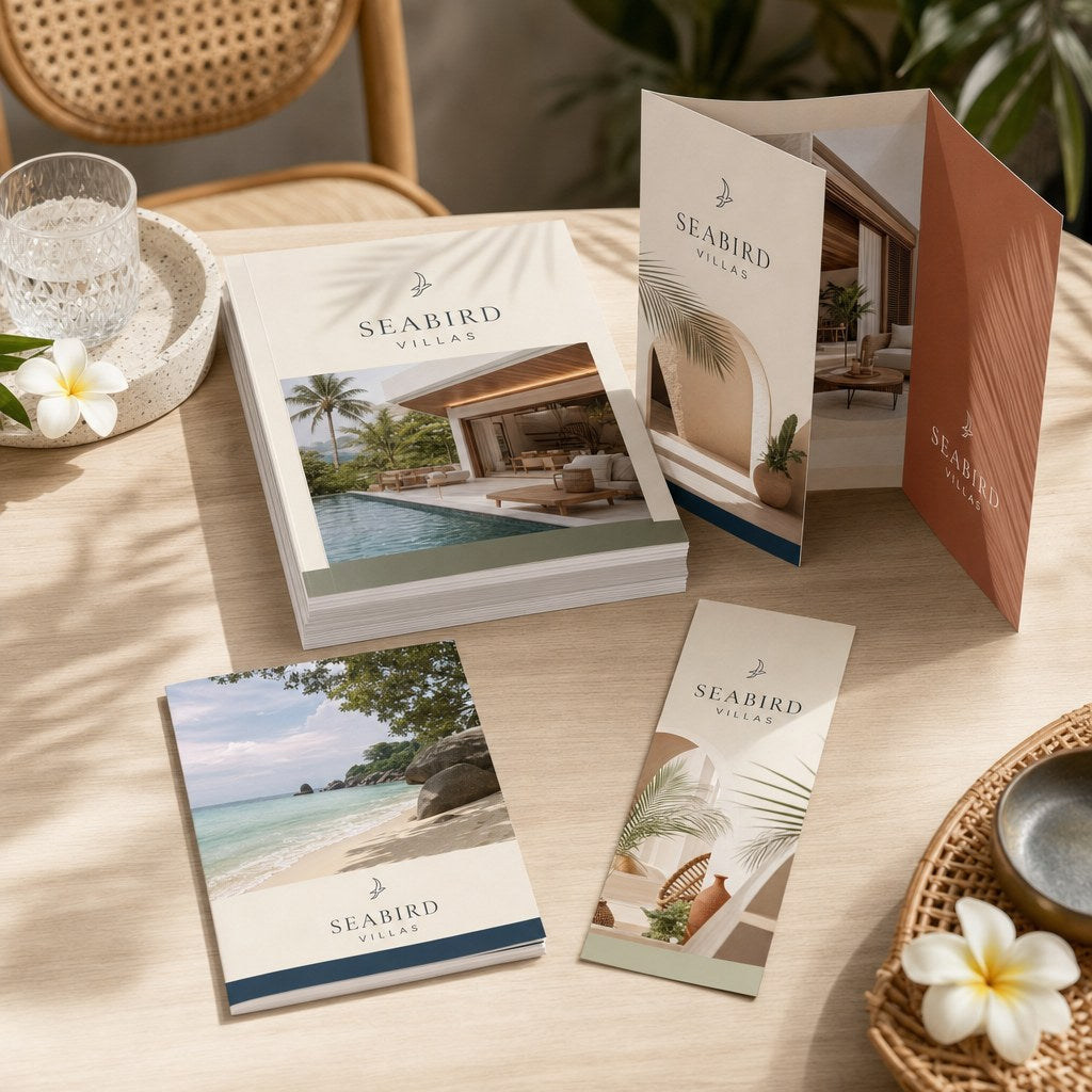 Printed flyers and an open tri-fold brochure for a villa business