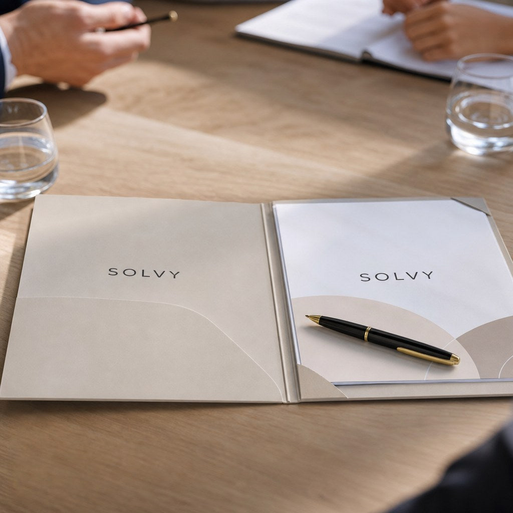 Presentation folder on a meeting table with contract pages (illustration)