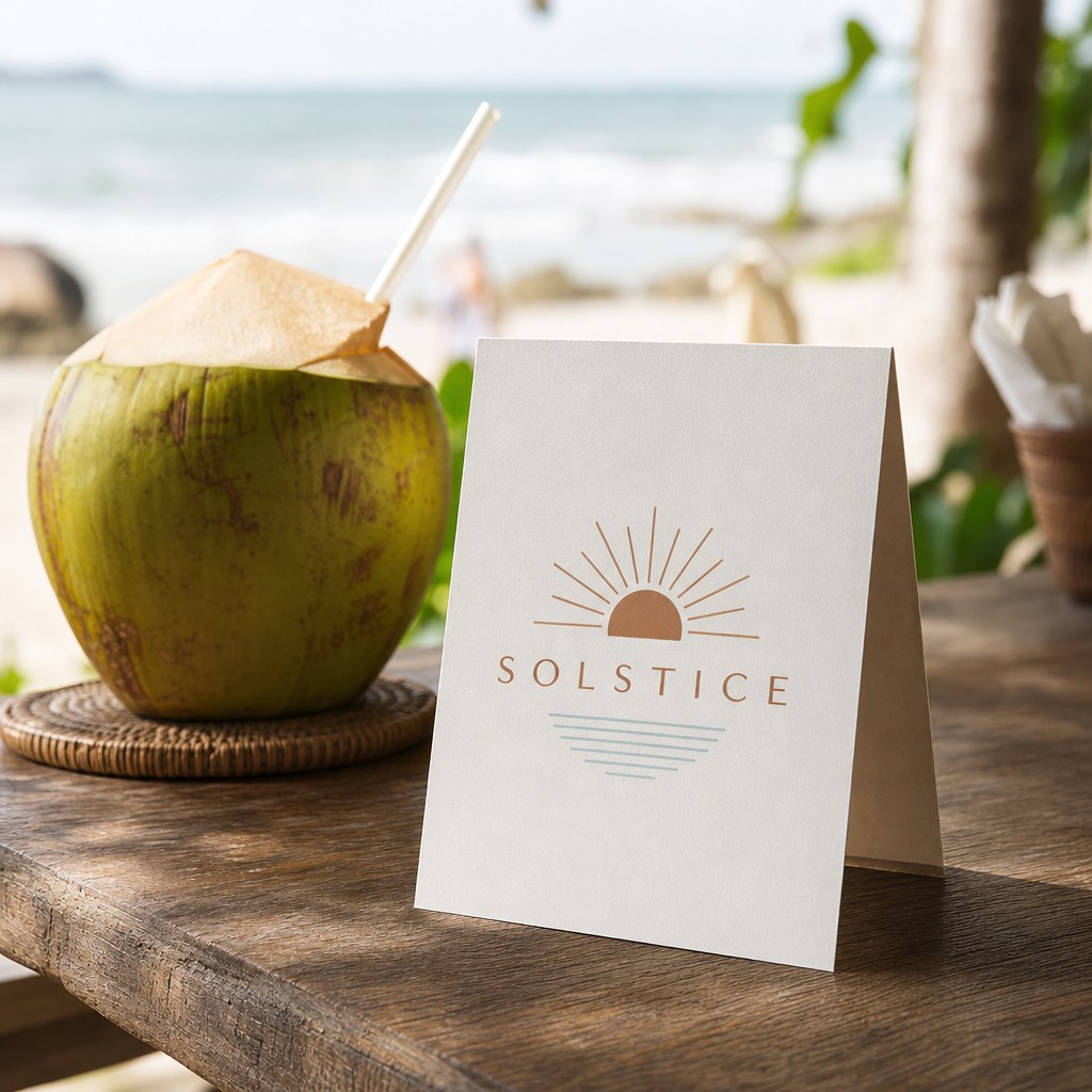 Table tent on a beachside bar table with a coconut drink (illustration)