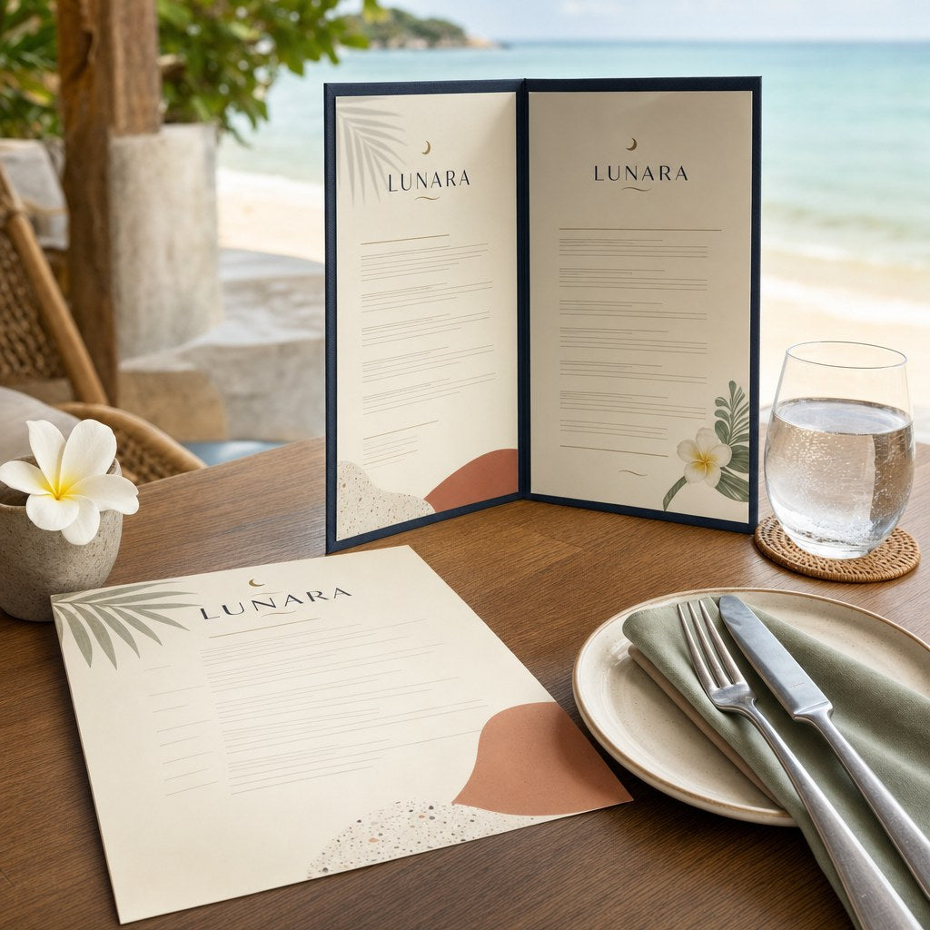 Printed bi-fold and flat restaurant menus on a beachfront table