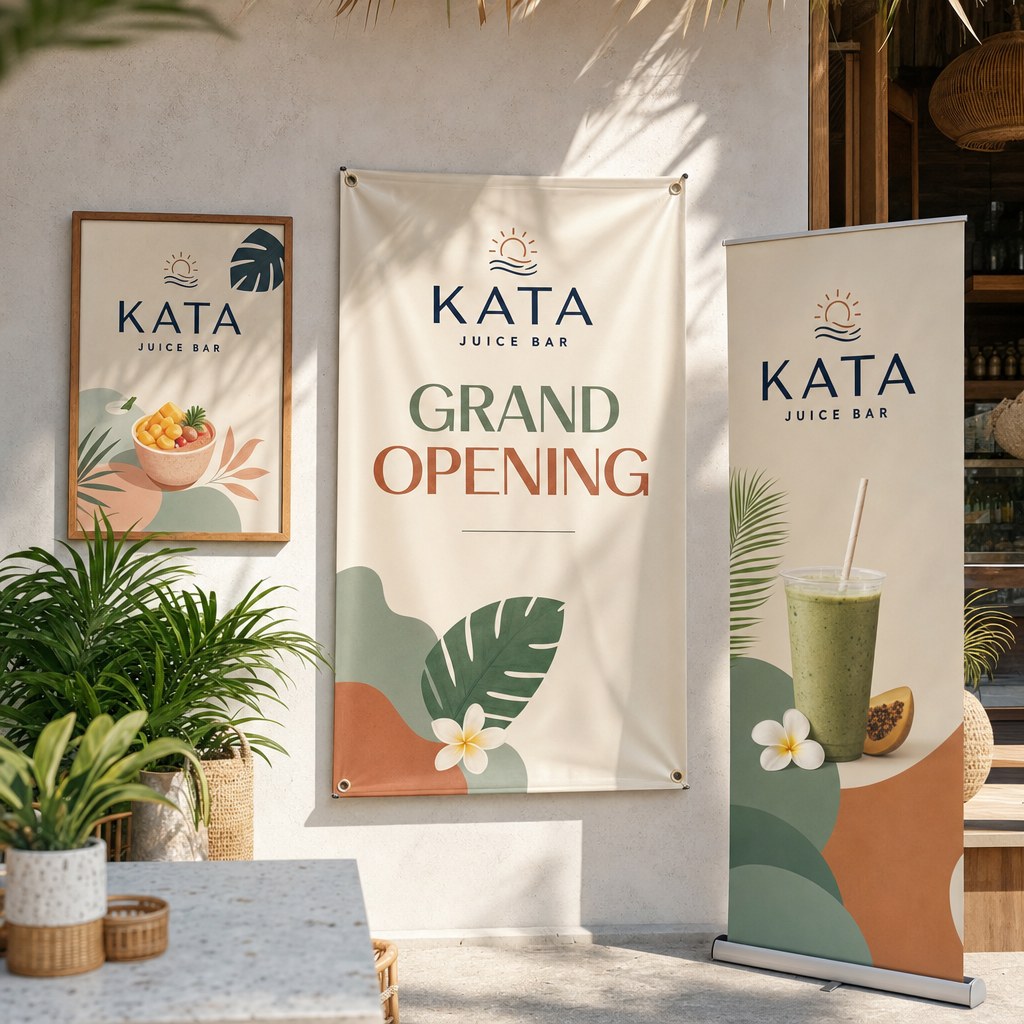 Printed grand opening vinyl banner, framed poster and roll-up banner at a café