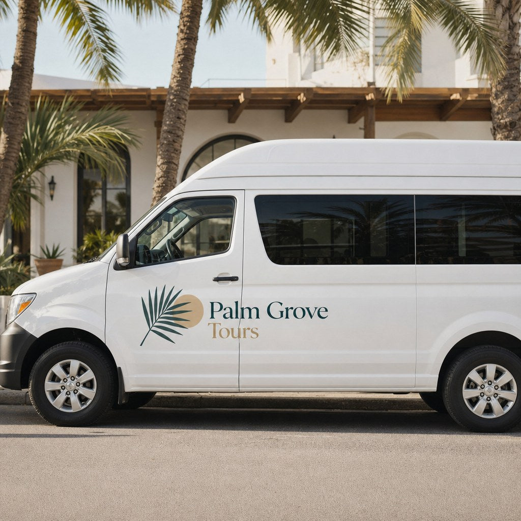 White van with a printed vinyl company decal on the side (illustration)