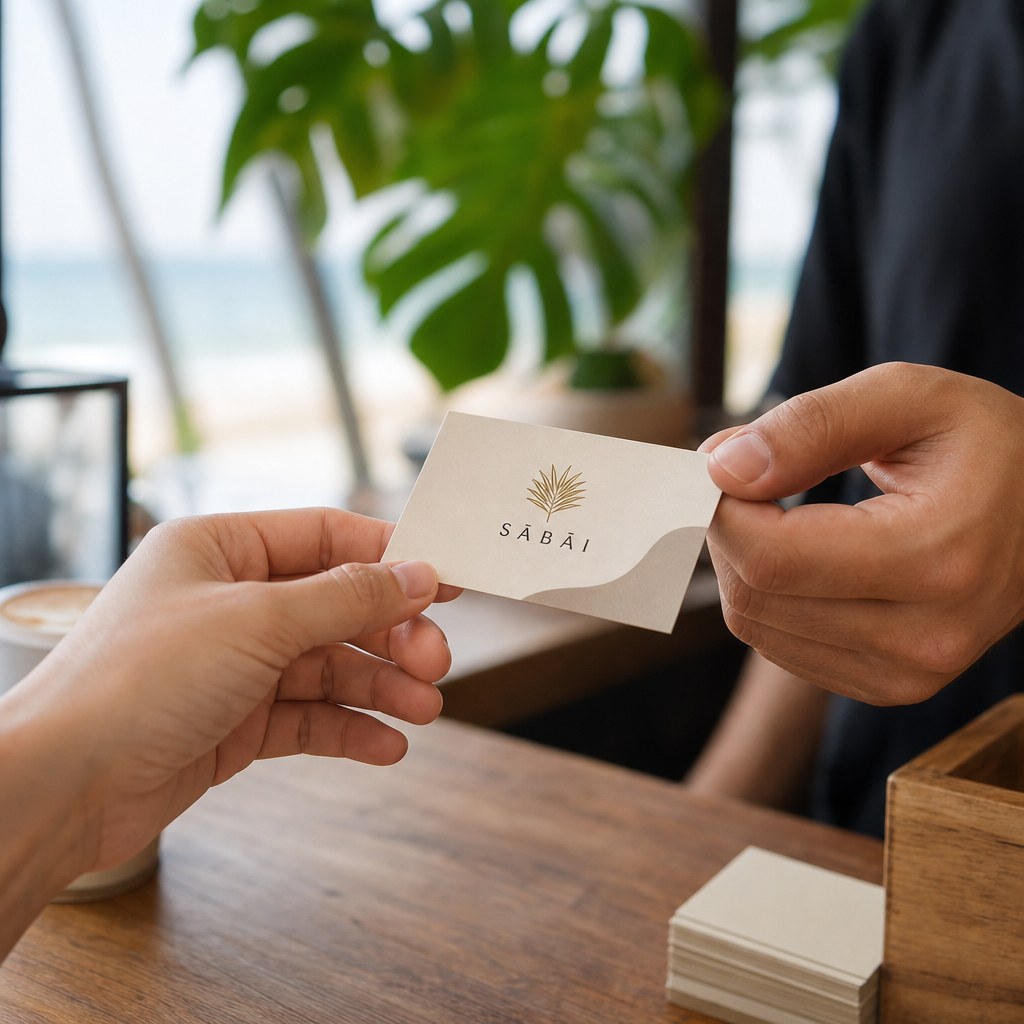 Standard Business Cards – in use: A hand handing a business card across a café counter in Phuket, coffee cup and tropical plant softly blurred behind