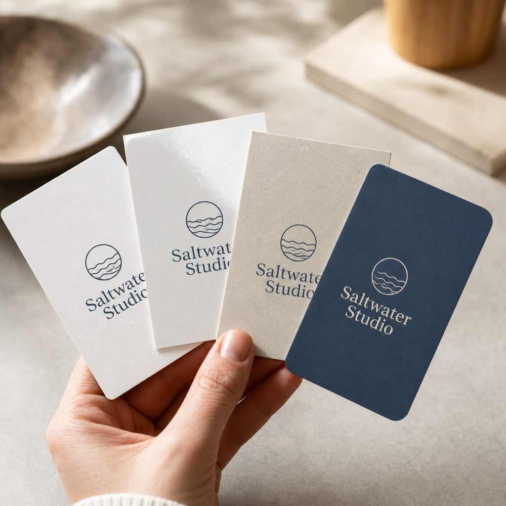 Standard Business Cards – range of options: A fanned row of business cards showing matte, glossy and uncoated finishes, square-corner and rounded-corner versions, same simple design