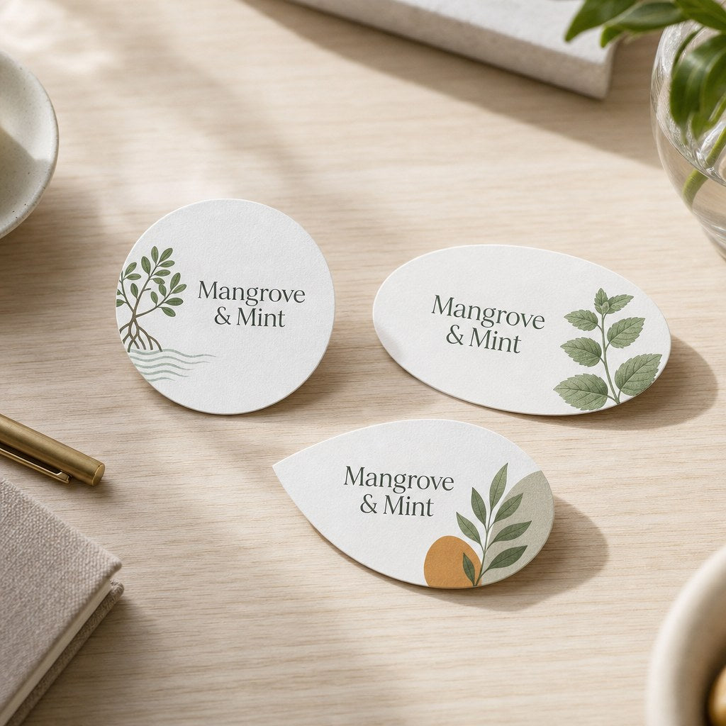 Circle, Oval & Leaf Business Cards – Three die-cut business cards, one circle, one oval, one leaf shape, simple botanical design