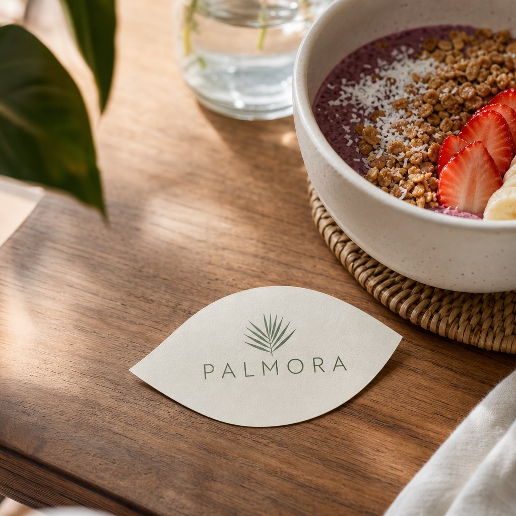 Circle, Oval & Leaf Business Cards – in use: A leaf-shaped business card resting next to a smoothie bowl on a wooden café table, soft tropical light