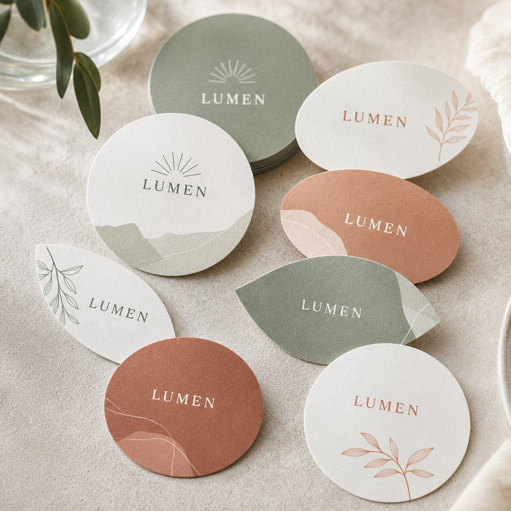 Circle, Oval & Leaf Business Cards – range of options: A scattered arrangement of circle, oval and leaf business cards, front and back sides visible