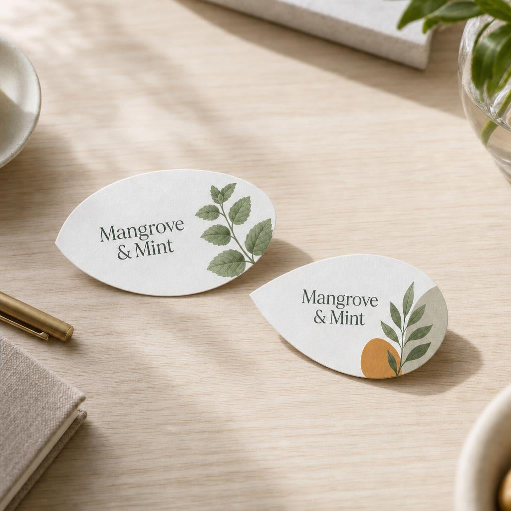 Circle, Oval & Leaf Business Cards – Shape: Leaf 8.9 × 5.1 cm
