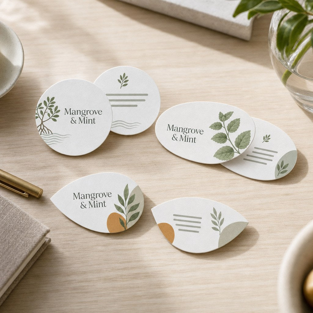 Circle, Oval & Leaf Business Cards, printed on both sides (illustration)