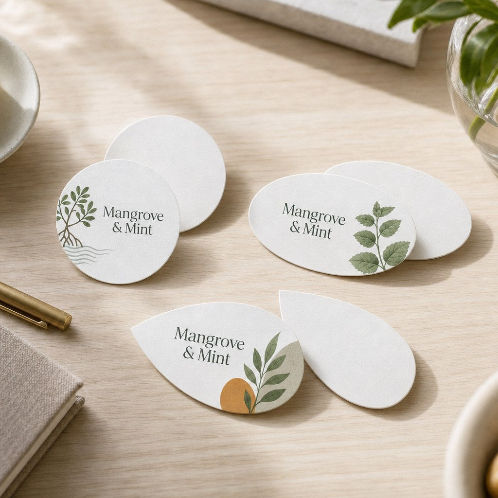 Circle, Oval & Leaf Business Cards, printed on the front only (illustration)