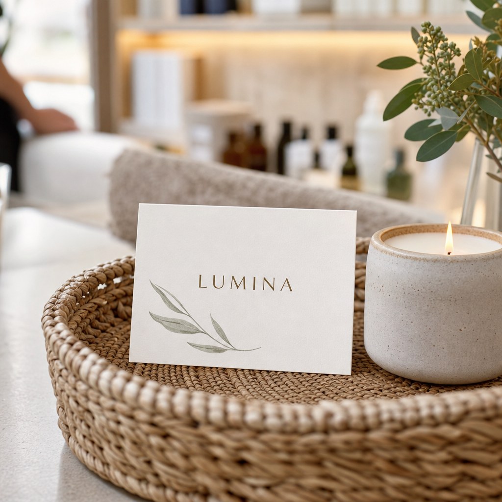 Premium Paper Business Cards – in use: A business card on a woven rattan tray next to a candle in a boutique spa reception, softly blurred