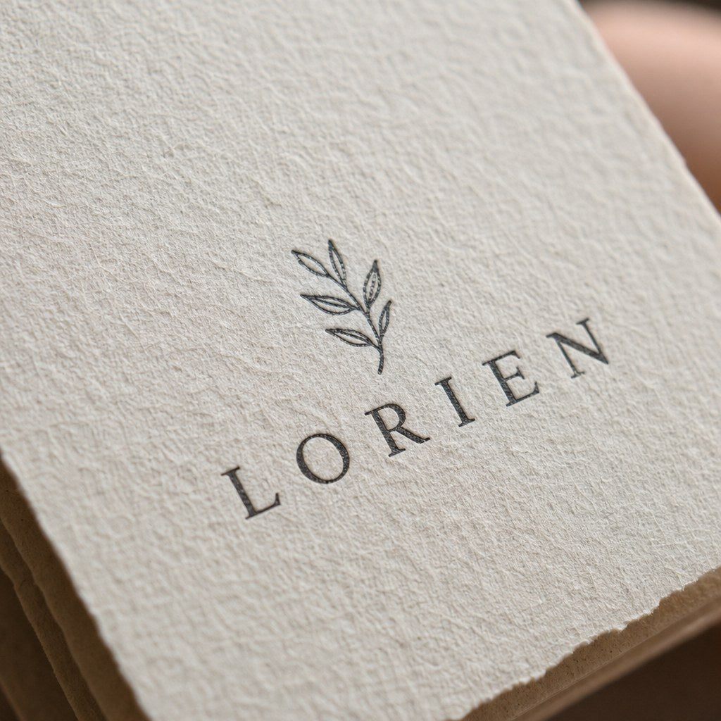 Premium Paper Business Cards – close-up: Extreme macro of natural textured paper fibres with crisp dark-ink lettering