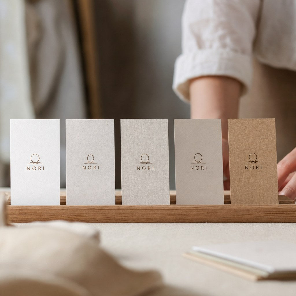 Premium Paper Business Cards – range of options: Five business cards side by side on natural textured, soft-touch, cotton, linen and brown kraft papers, same minimal design
