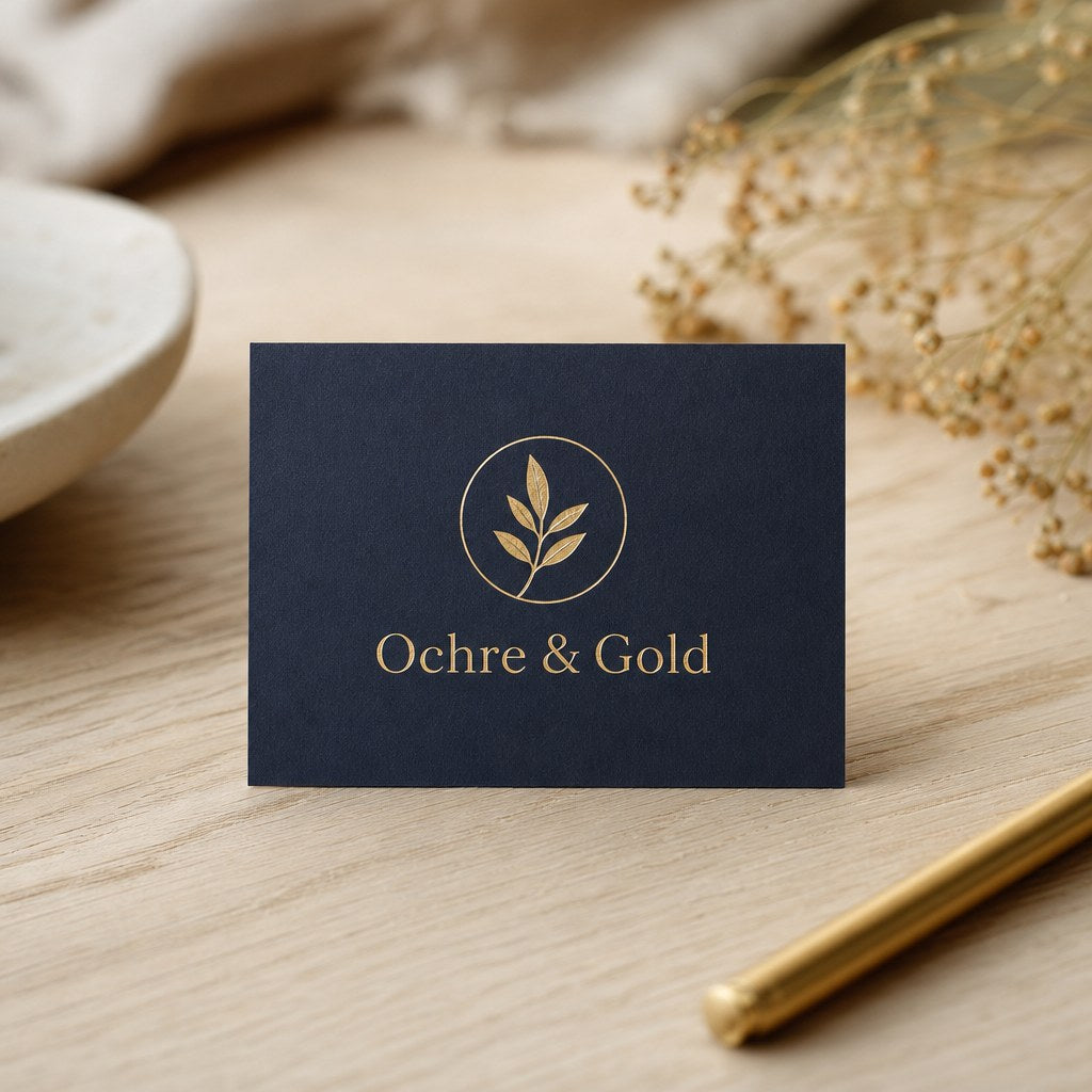 Foil Business Cards – A deep navy business card with gleaming gold foil logo