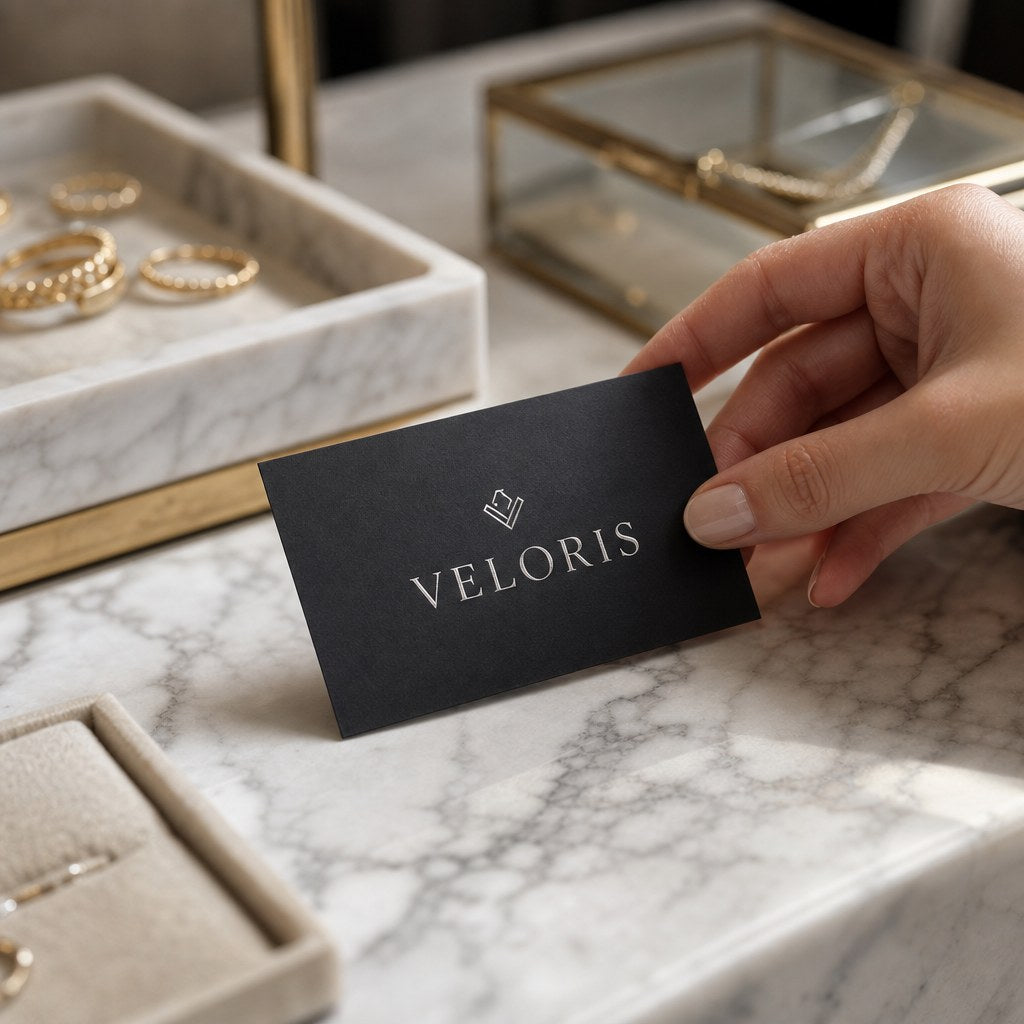 Foil Business Cards – in use: A hand picking up a black business card with silver foil lettering from a marble jewellery counter
