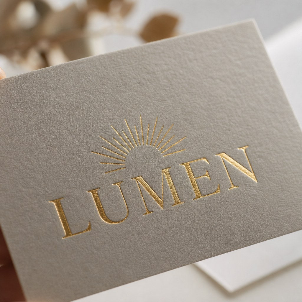 Foil Business Cards – close-up: Extreme macro of gold foil lettering on matte card, showing the metallic sheen and crisp edges