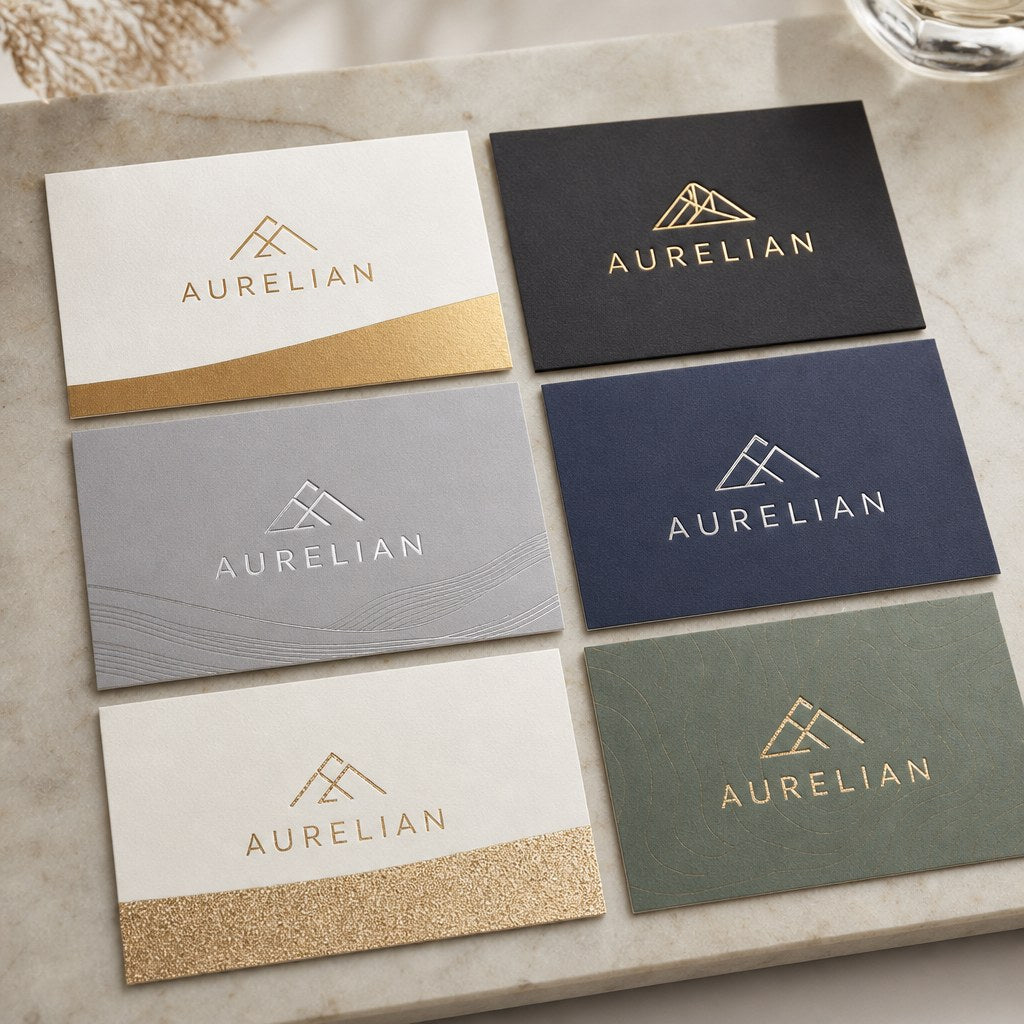 Foil Business Cards – range of options: Business cards with flat gold foil, raised gold foil, silver foil and glitter foil accents laid out in a neat grid