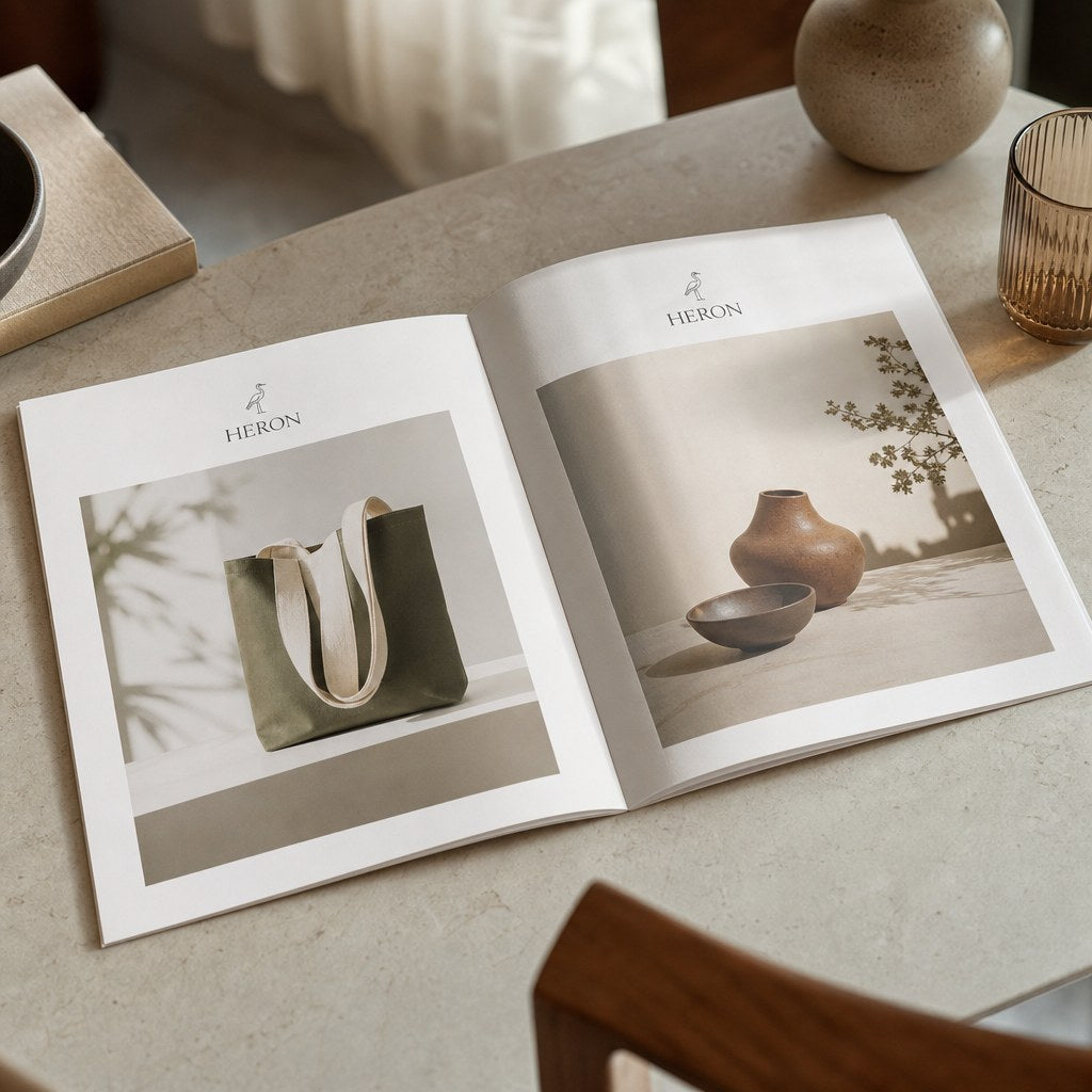 Stapled Booklets – in use: A booklet open on a table showing a two-page spread of product photos