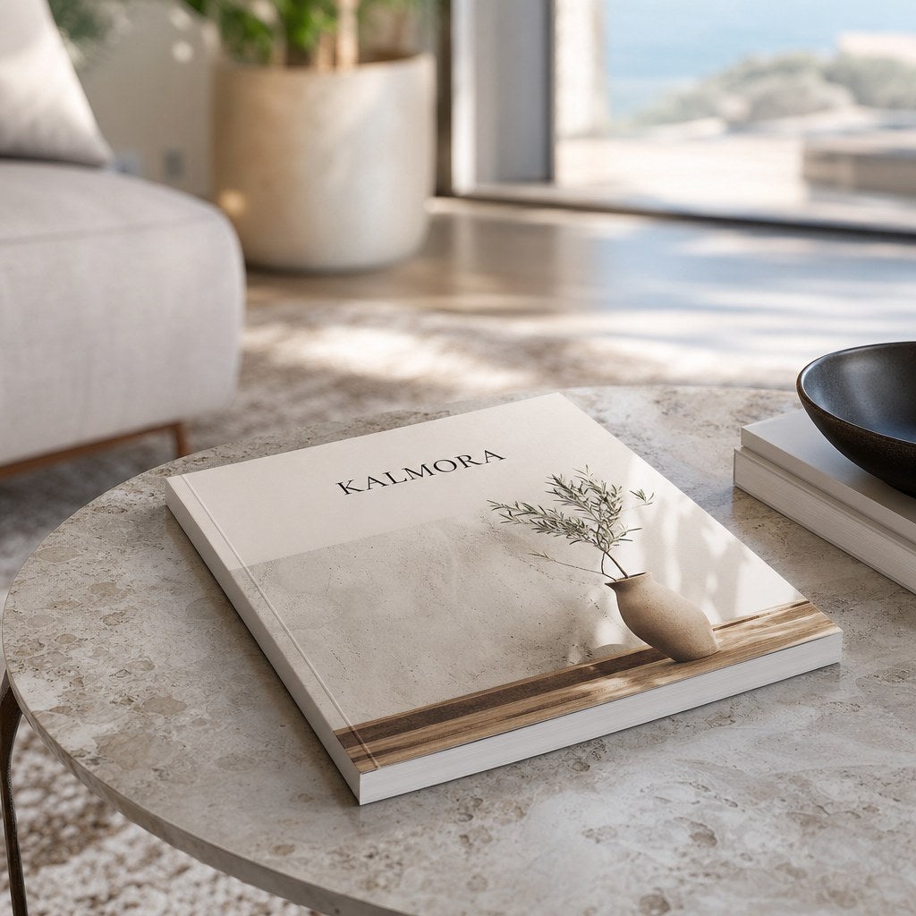 Perfect-Bound Books – in use: A perfect-bound catalogue on a coffee table in a bright villa living room