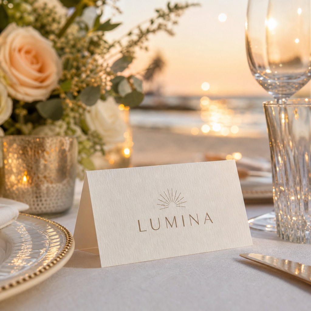 Place Cards – in use: Place cards on a beach wedding reception table with glassware and flowers, sunset bokeh