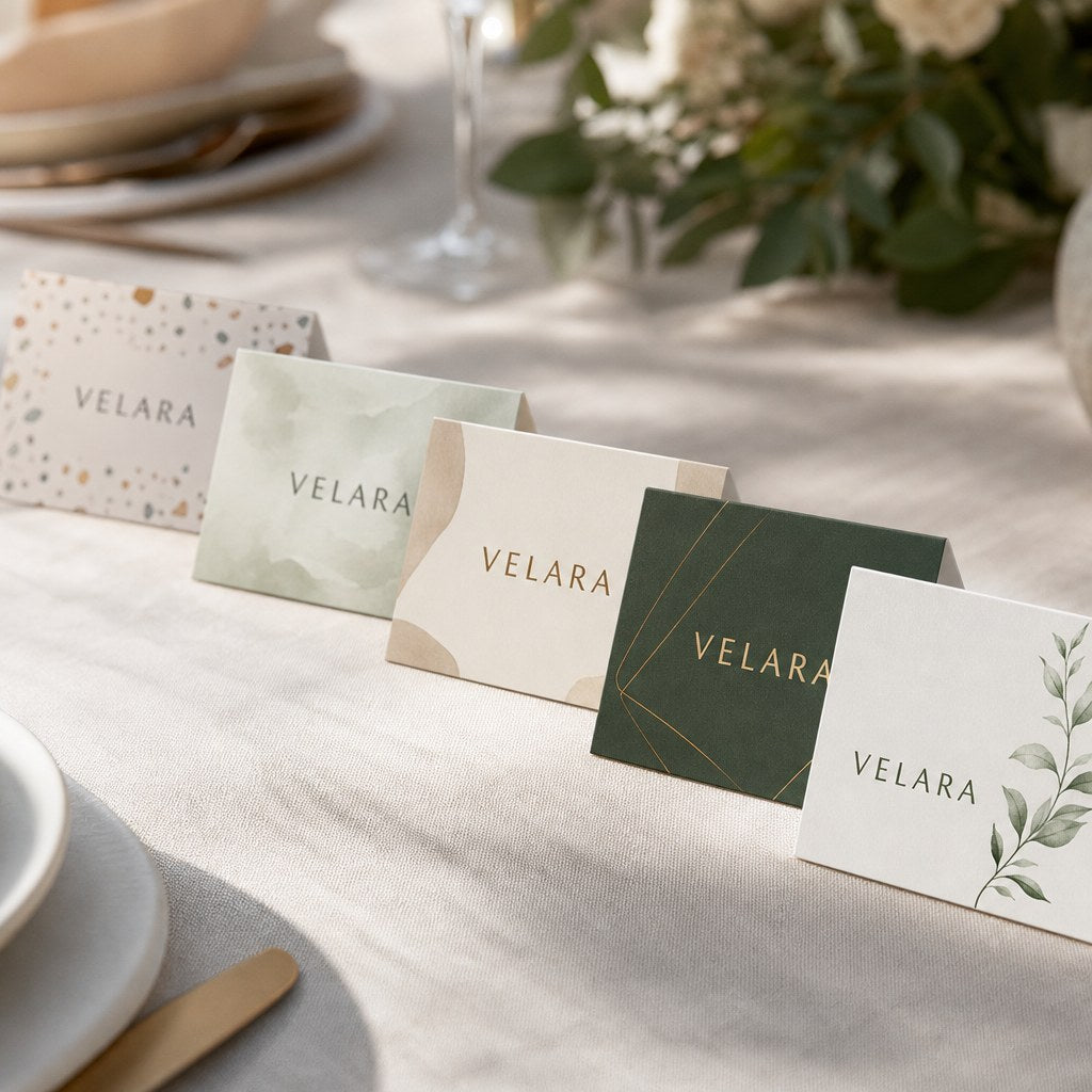 Place Cards – range of options: A row of place cards with different elegant designs