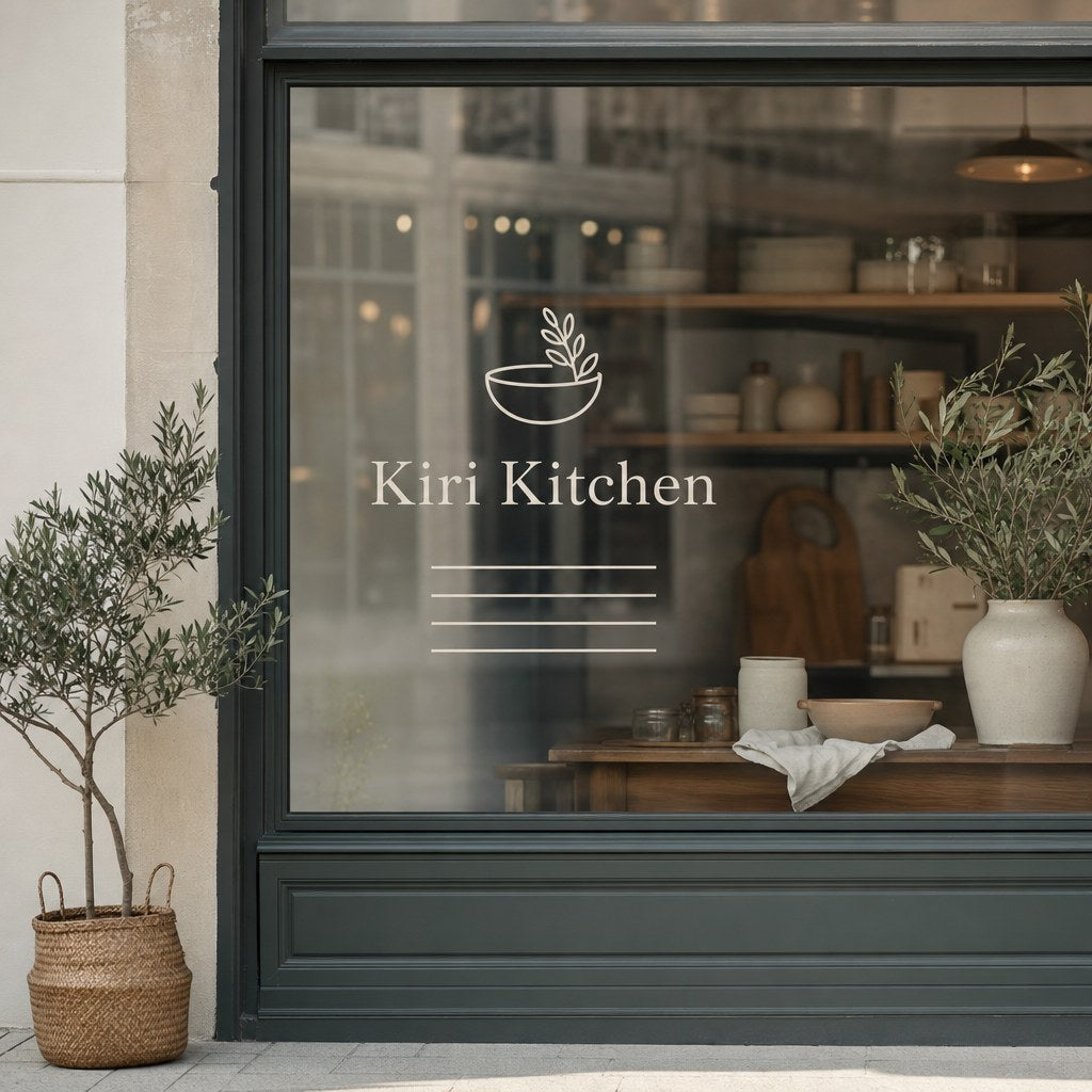 Window & Wall Decals – A shop window with printed vinyl decals showing a logo and opening-hours style lines, seen from the street