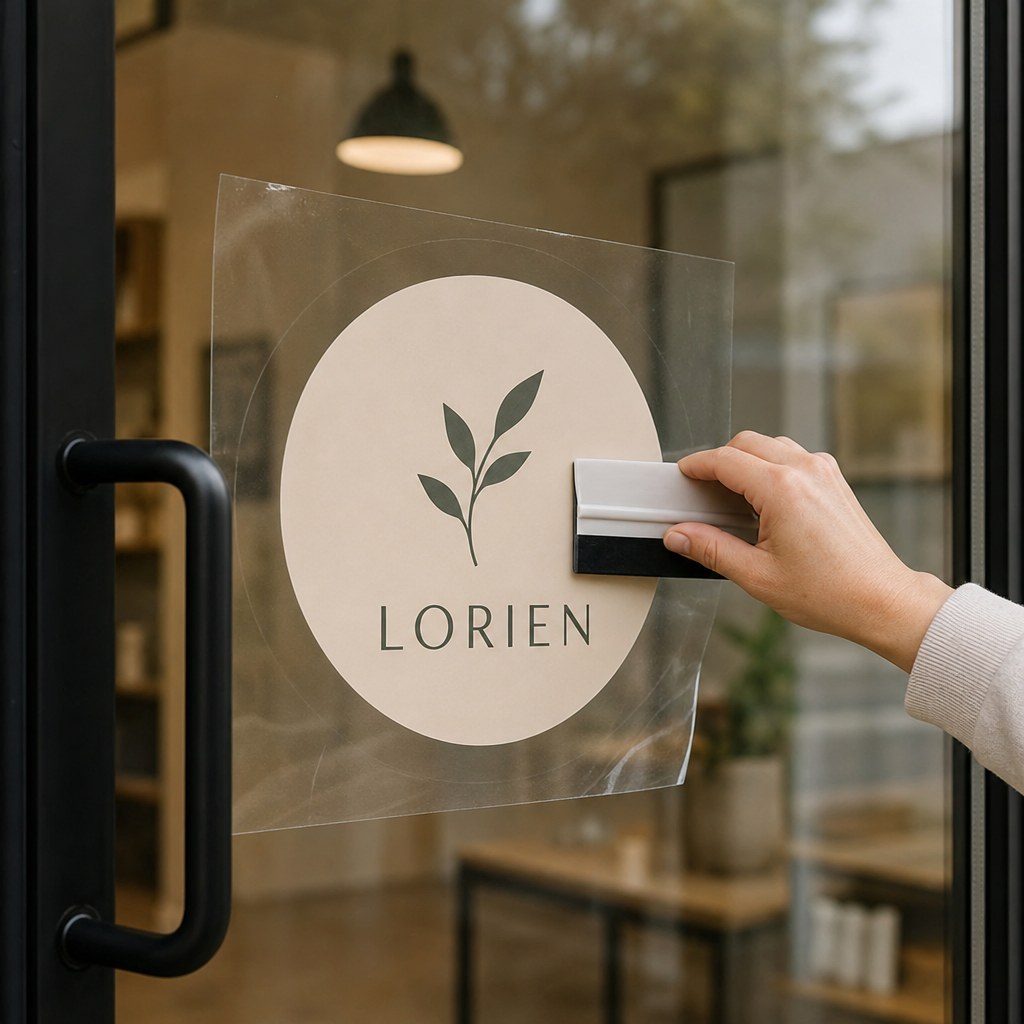 Decal Installation – a hand applying a printed vinyl decal to a glass door with a squeegee