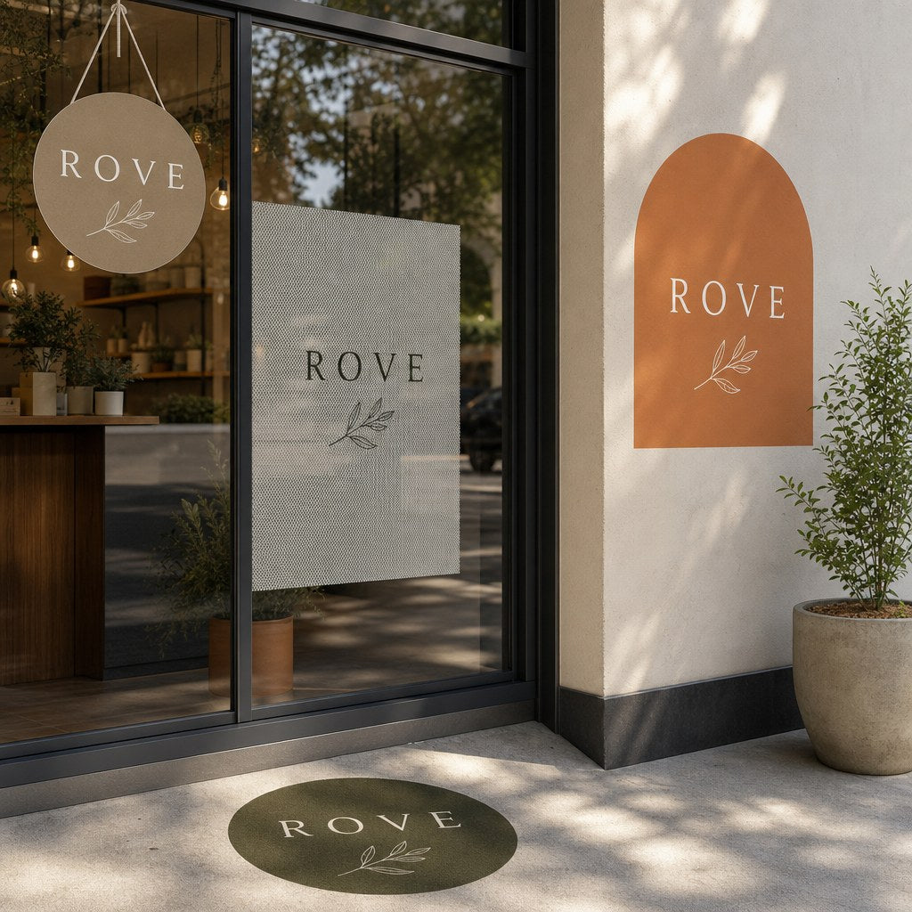 Window & Wall Decals – range of options: A shopfront showing a window decal, a hanging sign decal, a wall decal and a floor decal
