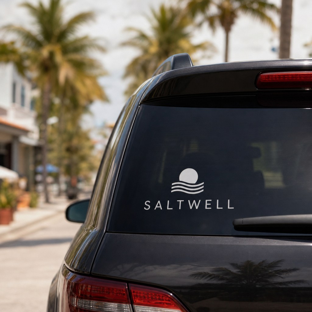 Car Decals – in use: A car rear window with a simple white cut-vinyl lettering logo, tropical street behind